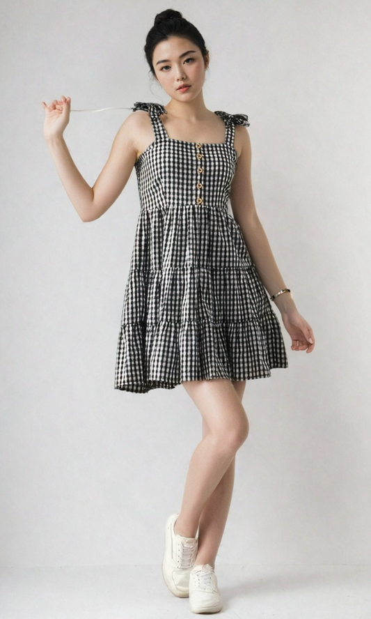 B&W Gingham Check Tiered Dress